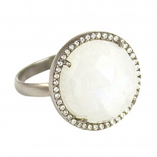 Rainbow moonstone round sterling silver pave setting cz ring